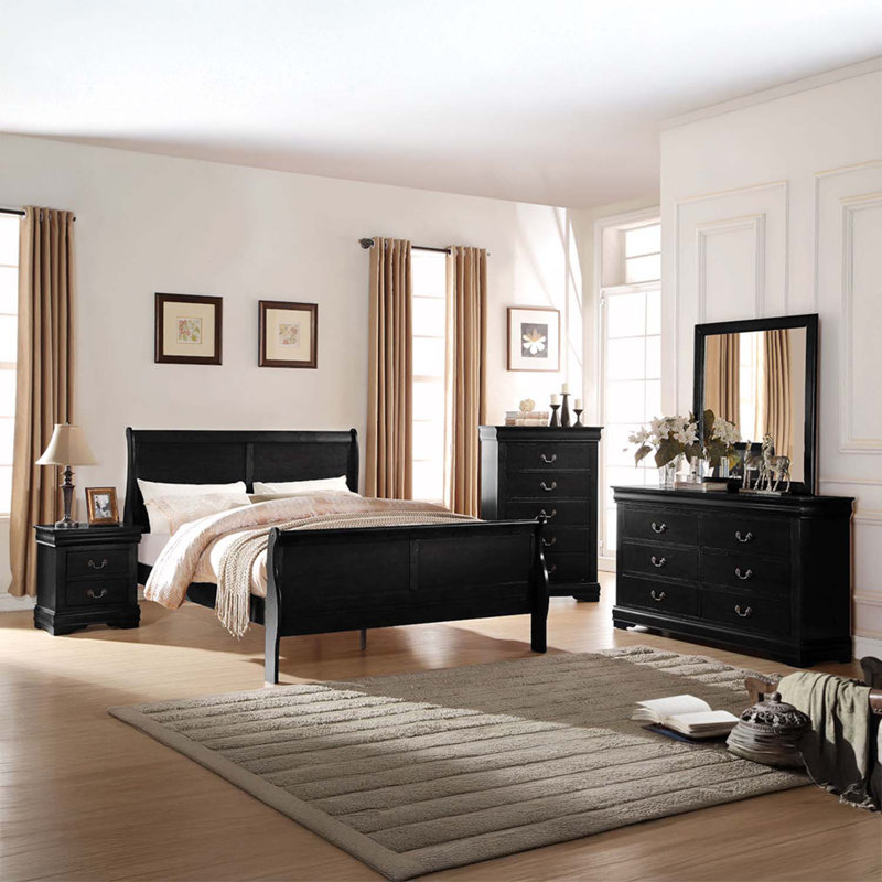 Commode 6 tiroirs Louis Philippe, finition noire, Noir