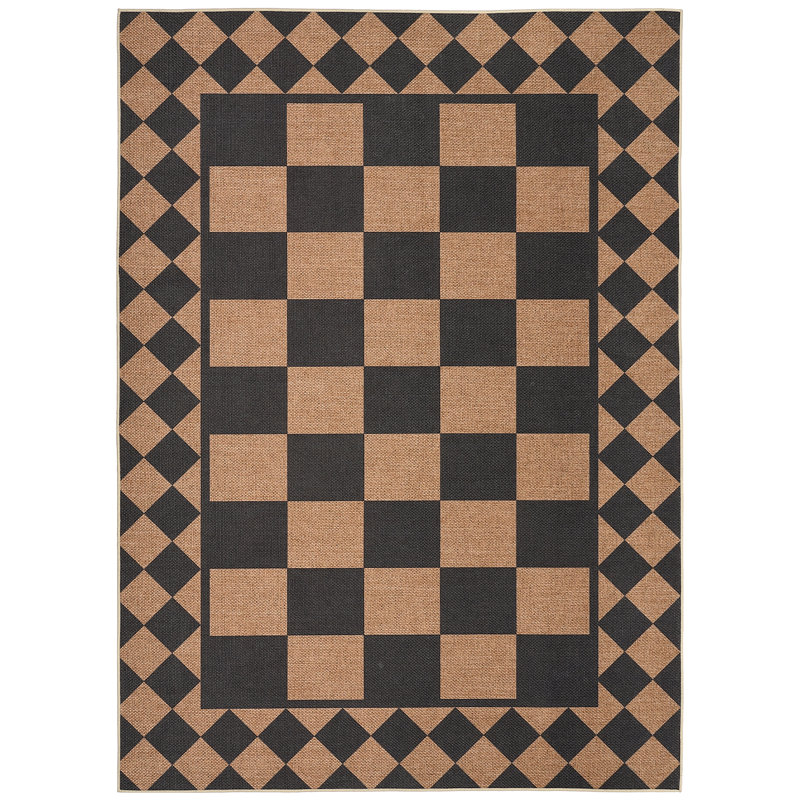 Washable Easy Jute Bedroom Rugs 5x7 Modern Checkered Throw Carpet with Non-Slip Backing, Stain-Resistant Low Pile Floor Mats, Foldable Durable Outside Rugs for Living Room, Deck, Black Brown