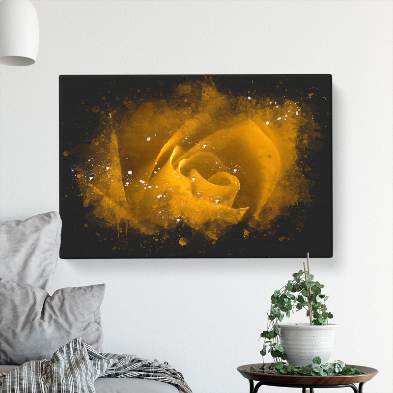 Golden Rose Flower - Wrapped Canvas Painting, 35cm H x 50cm W x 3cm D