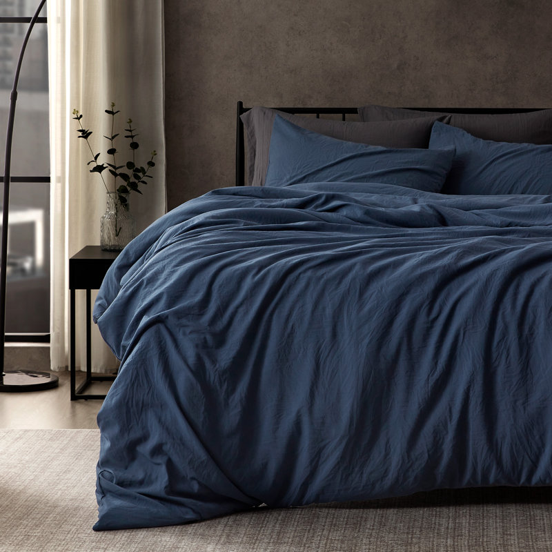 Ensemble de housse de couette délavé, microfibre unie douce et respirante facile d'entretien, Double, Marine