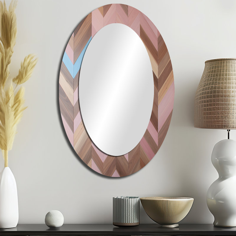 Retro Brown Pink Midcentury Pattern - Abstract Oval Decorative Mirror On Metal, 36" x 24"