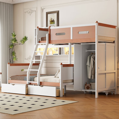 Lit simple superposé au dessus d'un lit double avec rangement, garde-robe, tiroirs, tablettes et lumière DEL | Lit en bois blanc et orange