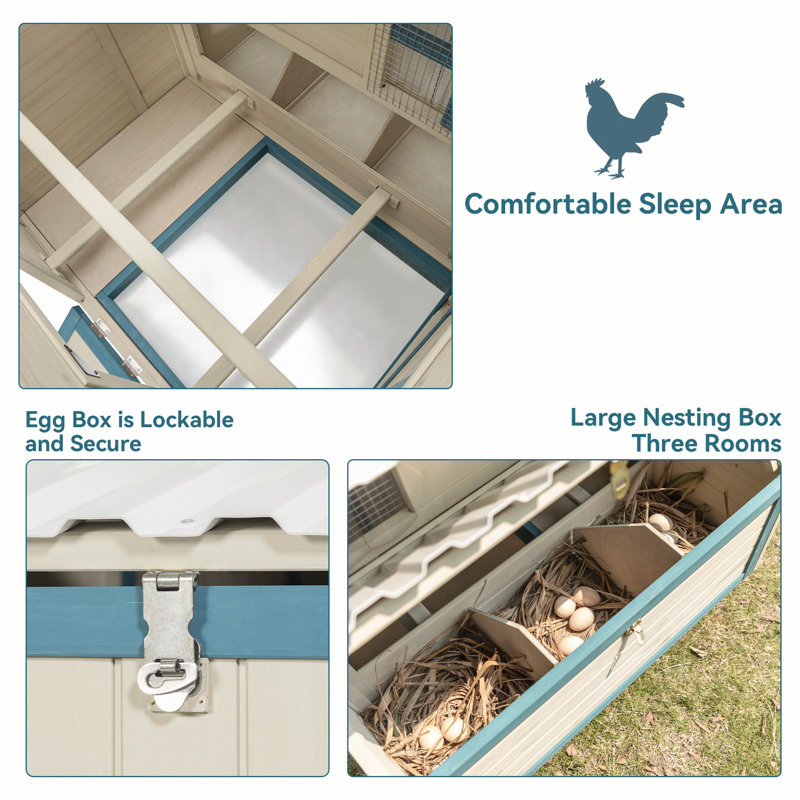 Large Beige and Blue Solid Wood Chicken Coop with Removable Bottom