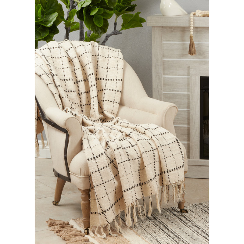Beige and Black Cotton Reversible Throw Blanket