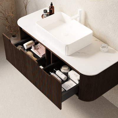 48" Bathroom Vanity With White Rectangular Basin, Dark Walnut Storage, 2 Drawers, Plywood, Soft Close Drawer Slides, Pre-Assembled