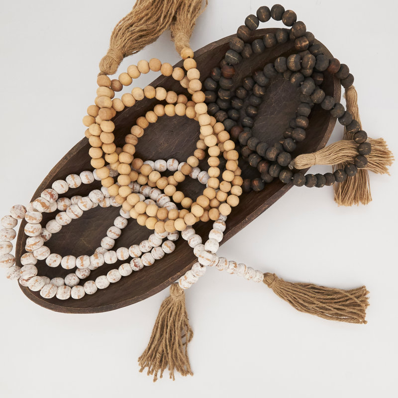 White Mango Wood Bead Garland with Jute Tassels