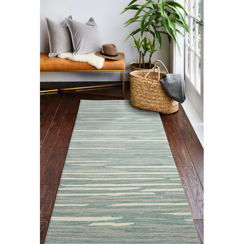 Tapis abstrait turquoise touffeté à la main, Tapis de couloir 2 pi 6 po x 8 pi