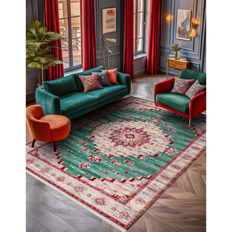 Otto Green Oriental Machine Printed Cotton Polyester Area Rug, Runner 4' x 14'10"