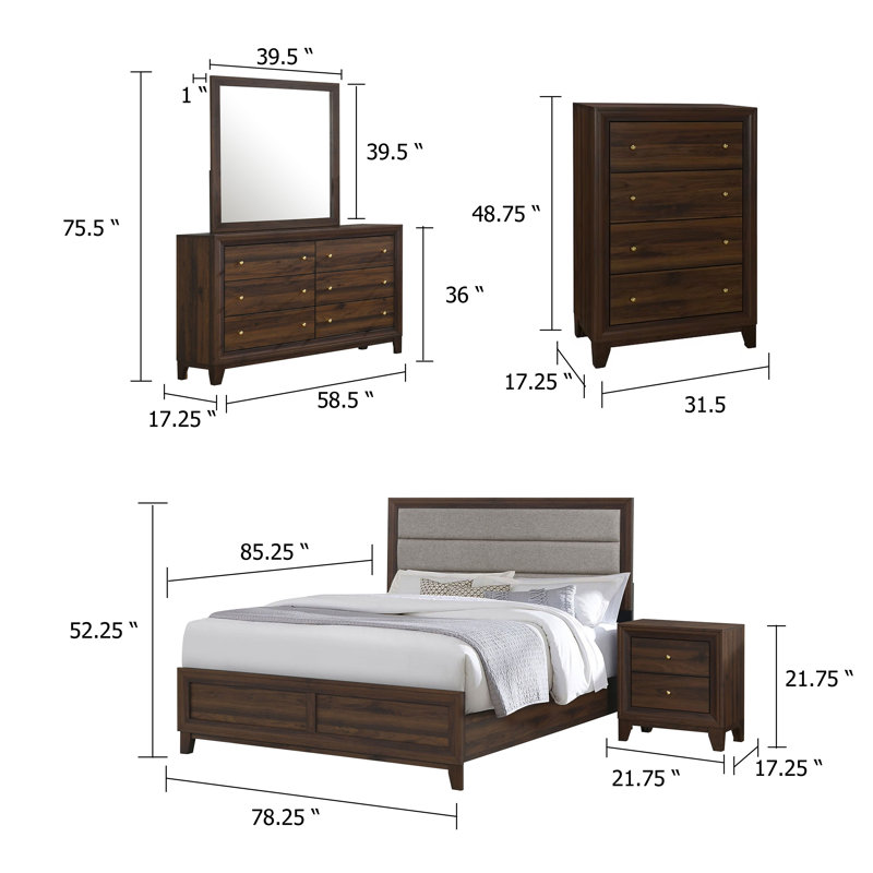 Ensemble de chambre avec très grand lit 5 pièces Yels, revêtement gris, bois brun noyer, Grand