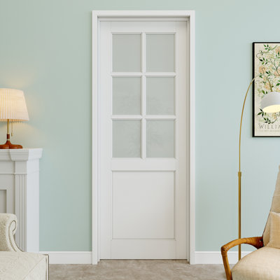 28" x 80" 6-Lite Frosted Glass Interior Prehung Door with Silver Hinges, Privacy Glass Door Slab, Paintable & Waterproof, Suit for Laundry, Closet Doors, Room Doors, Right Hand
