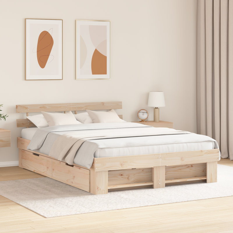 Bed Frame with Headboard Solid Pine Wood, Brown, Kingsize (5')