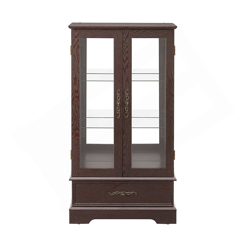 Vitrine lumineuse avec tablettes réglables en verre, 2 portes et 1 tiroir pour une vitrine élégante., Cerisier