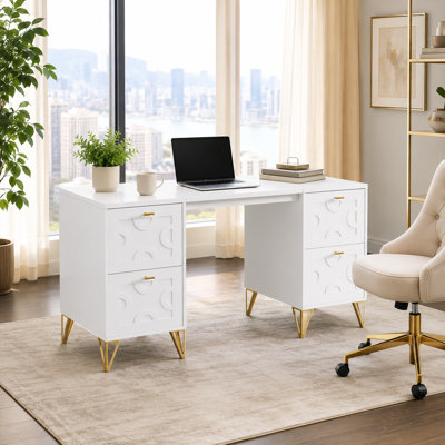 Wood Executive Computer Desk with File Drawers, Modern Home Office Writing Workstation, Sturdy Wooden Executive Table with Ample Document Storage Spac