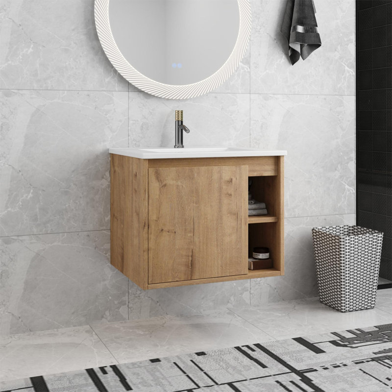 Ehonmwon 24'' Wall Mounted Single Bathroom Vanity with Ceramic Top, Floating Vanity with 1 Door and 1 Shelf