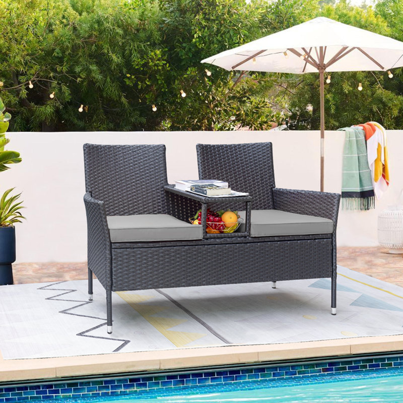 Ensemble de conversation en rotin 3 pièces avec table intégrée pour jardin Margueriez, gris