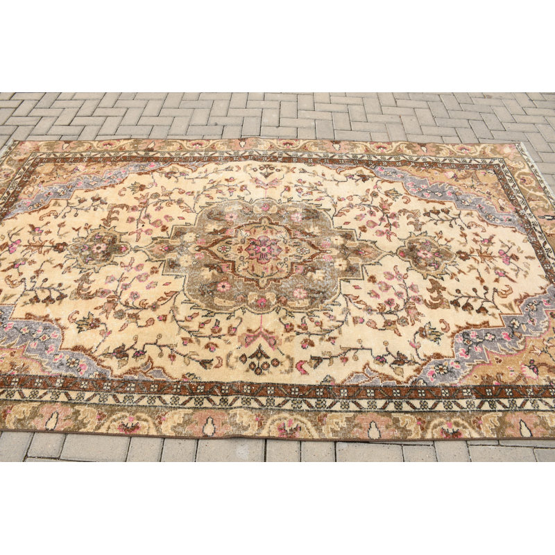 Grand tapis Oushak à motif floral beige antique fait à la main pour le salon ou la chambre à coucher