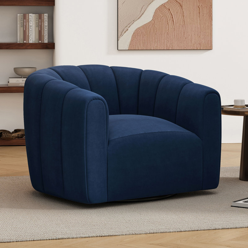 Maravilla Upholstered Swivel Barrel Chair, Dark Blue Velvet
