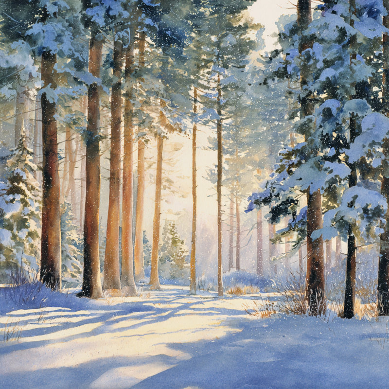 «Sunlit Snow Parmi Tall Pines», art mural sur toile tendue, H 20 po x l 20 po