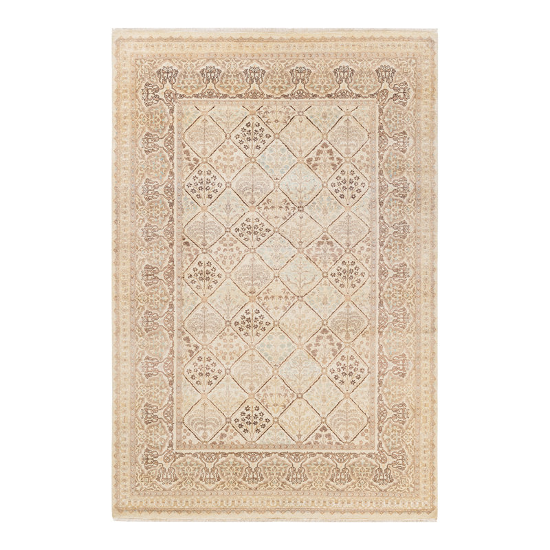 Tapis ivoire traditionnel noué à la main de conception unique 6 pi 3 po x 9 pi 2 po Keller