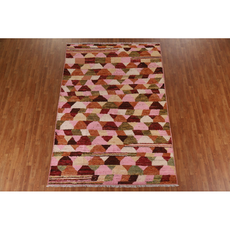 Tapis orange / rose / beige en laine noué à la main de conception unique 6 pi 8 po x 9 pi 9 po New Age