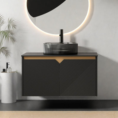 30" Bathroom Vanity & Sink, Wall-Mounted Storage Cabinet with Glass Basin & Stone Top
