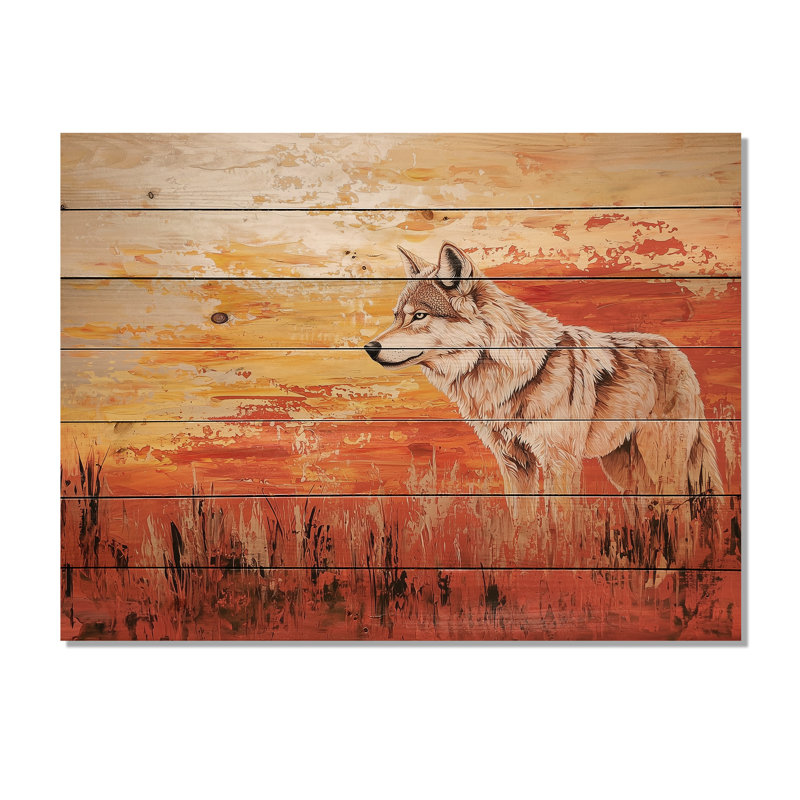 Loup au coucher du soleil dans le désert - Art mural moderne en bois sur bois de pin naturel, H 24 po x l 32 po