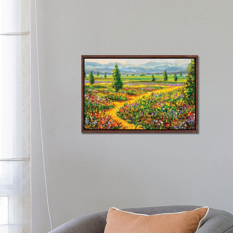 Summer Landscape And Country Road by Valery Rybakow - Painting on Canvas, Brown Framed Canvas, 66.04 cm H x 45.72 cm W