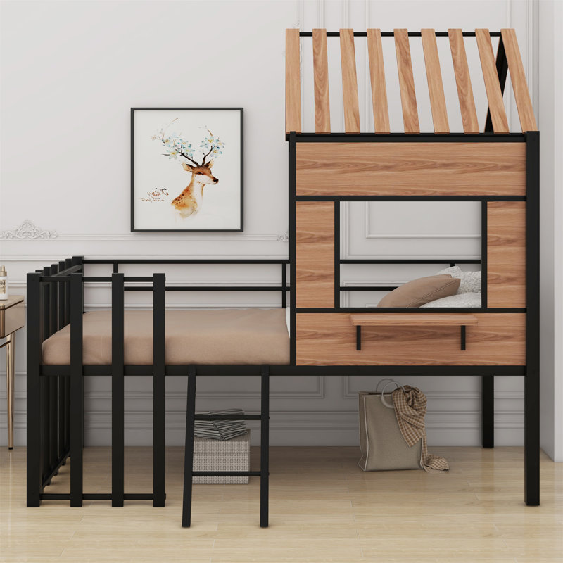 Metal Loft Bed With Roof, Window, Guardrail And Ladder, Black