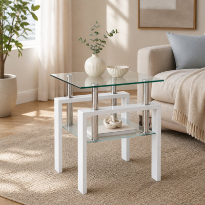Table de bout carrée en verre transparent à deux niveaux Sumdeal 20,5 pouces avec cadre blanc
