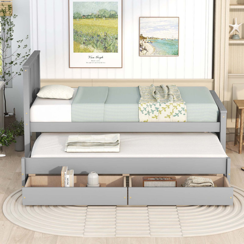 Lit plateforme simple avec lit gigogne et tiroirs, Gris