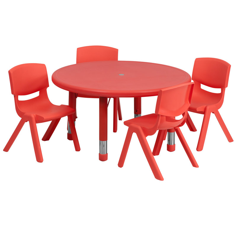 Ensemble de table d'activités ronde en plastique Goddard de 45 pouces, réglable en hauteur, avec 4 chaises, Rouge