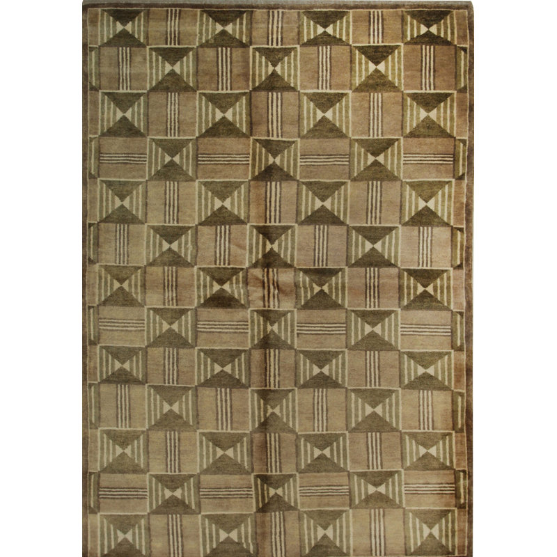 Brown Hand-Knotted Wool Framed Triangles Geometric Modern Contemporary Carpet Rug, 8' x 10'