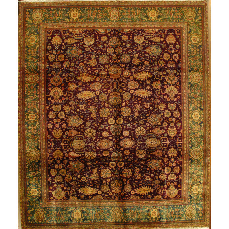 Tapis de zone en laine brun/beige/vert 10 pi x 12 pi noué la one-of-kind à la main Darr