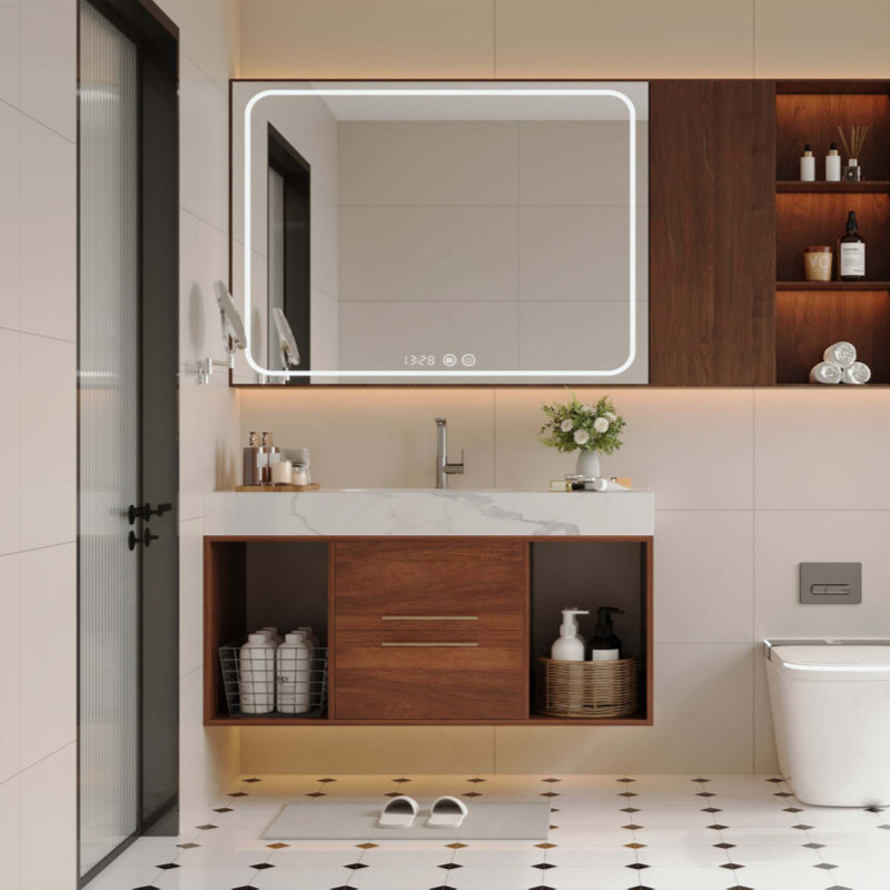 Meuble-lavabo flottant avec lavabo en céramique, meuble-lavabo mural 2 tiroirs et plateau en ardoise, Noyer, 39", Blanc