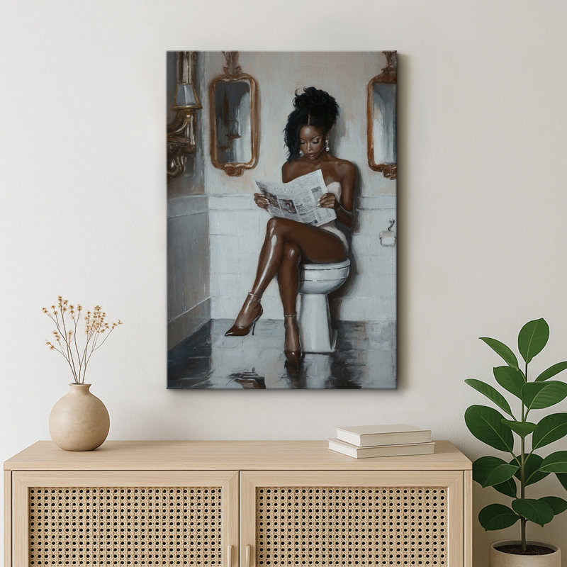 Elegance "Glamorous Woman Reading Newspaper Chic Artwork, Bathroom/Vanity Room/Powder Room Decor Wall Pictures, Large Framed Canvas Digital Giclee Print Wall Art"