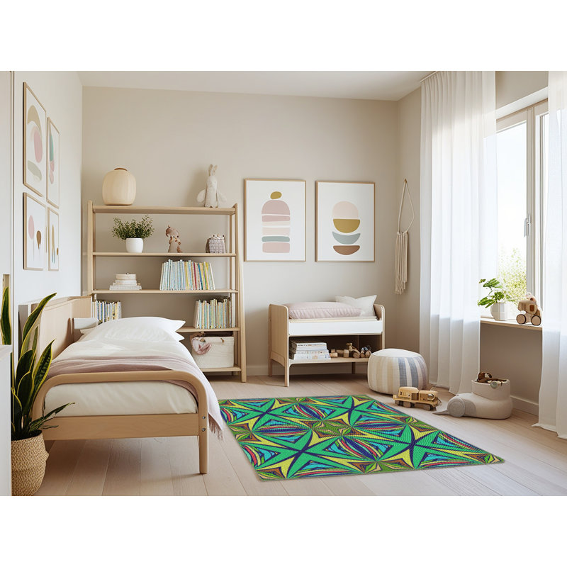 Tapis vert/bleu/jaune tissé à la machine, Rectangle 3 pi x 5 pi