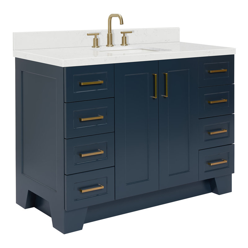Freitas 48'' Solid Wood Single Bathroom Vanity, Midnight Blue, Carrara Quartz, Rectangle