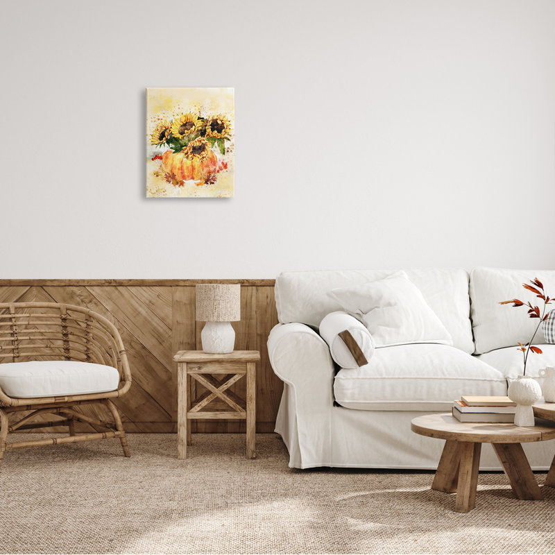 Récolte de citrouilles, tournesols et feuilles d'automne rouges et orange par Ziwei Li - Peinture, H 20 po x l 16 po