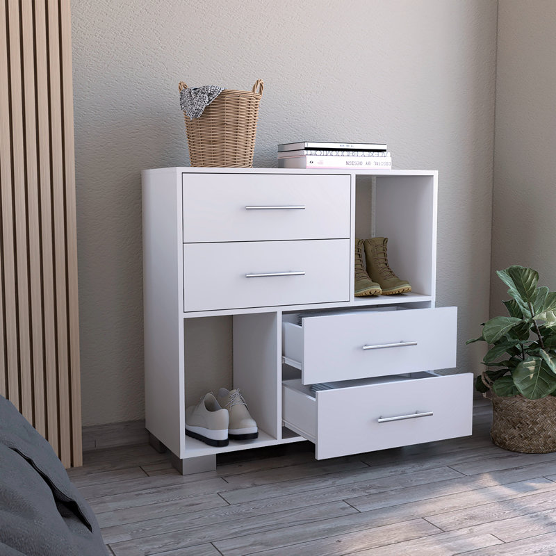 Commode haute de 25 pouces avec 2 tablettes ouvertes et 4 tiroirs Krista, Blanc