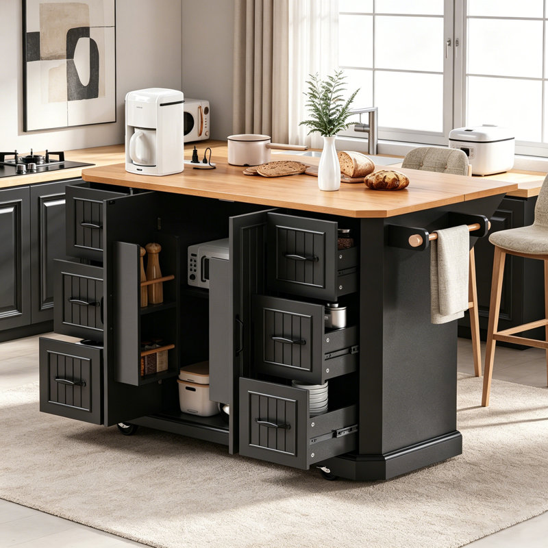 Îlot de cuisine rustique à roulettes avec abattant, prise de courant et grand espace de rangement sur 4 roues pour les cuisines modernes