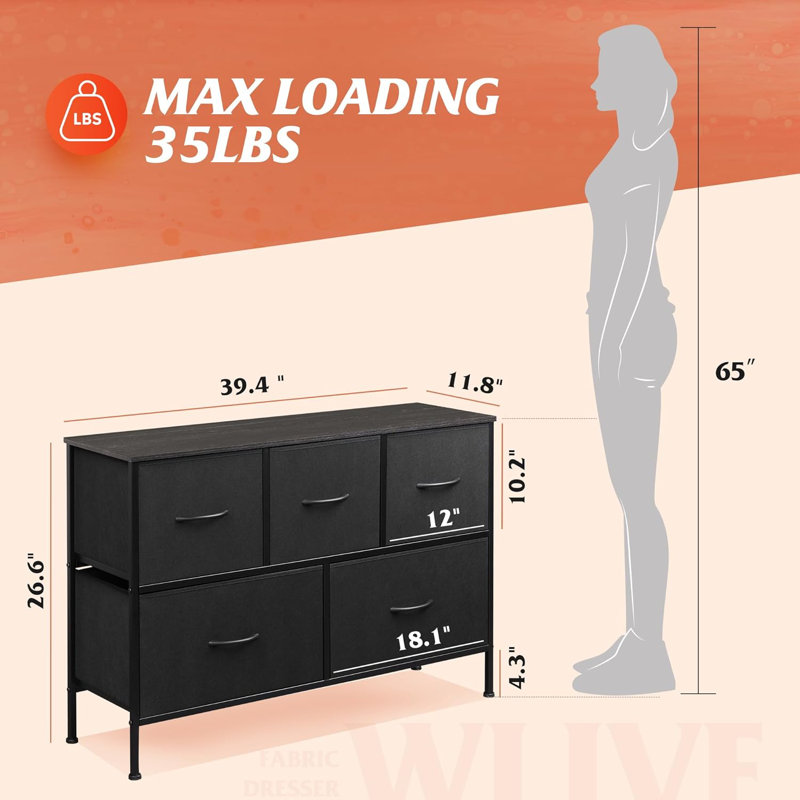 Commode à 5 tiroirs de 39,4 po de largeur avec commode en bois Ojaswi, Noir