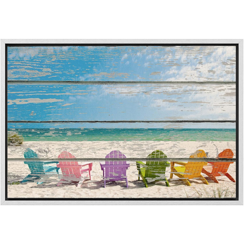 «Coastal Beach Colorful Beach Chairs on White Soft Sand», impression sur toile tendue, H 16 po x l 24 po, Cadre flottant noir