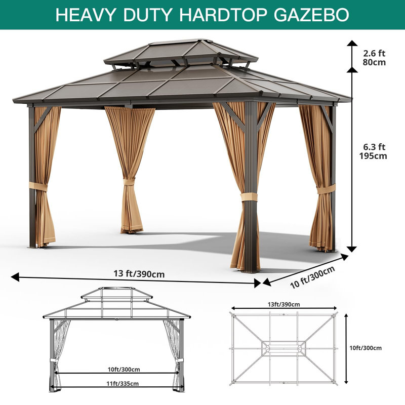 Hardtop Gazebo, With Curtains And Netting, 76.77"H x 153.54"W x 118.11"D, Coffee