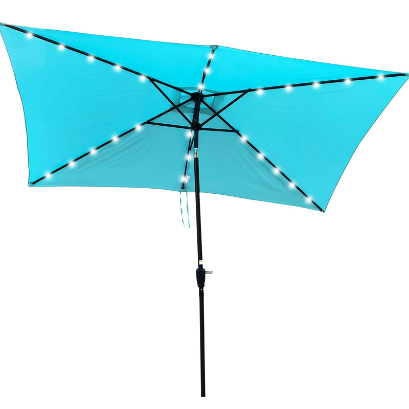 Parasol rectangulaire pour terrasse à DEL 10 pi x 6,5 pi - Turquoise, eau, facile à assembler, avec manivelle et bouton inclinable pour la cour arrière, protection extérieure turquoise, durabilité du pavillon, jardin au bord de la piscine