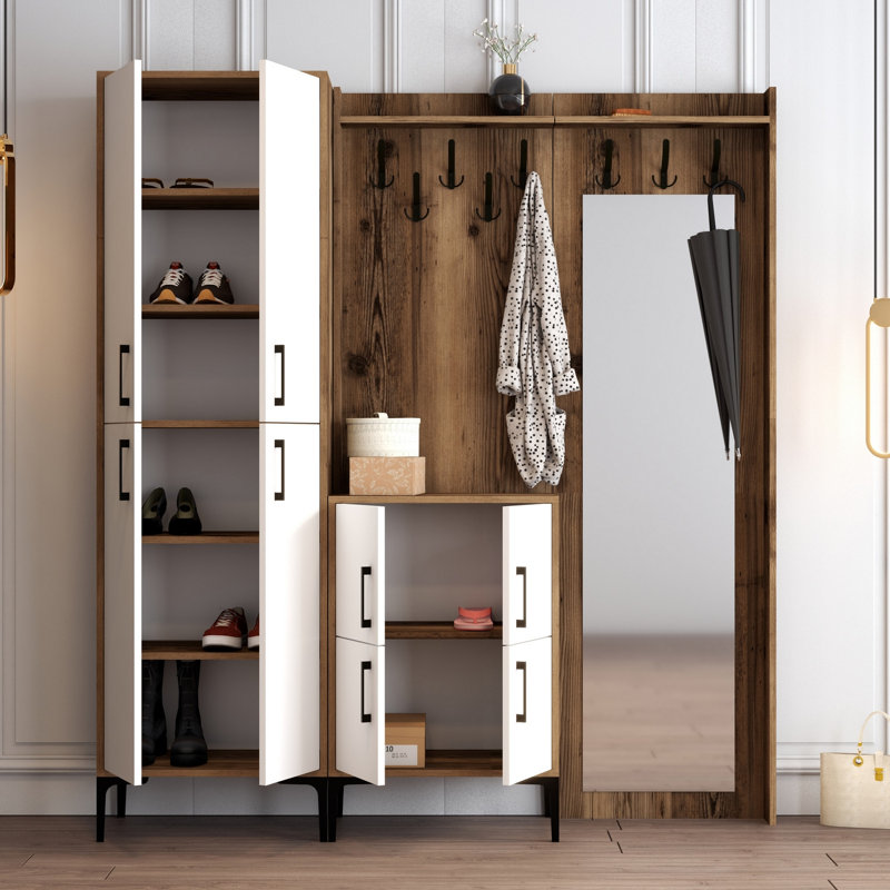 Modern Hall Stand with Coat Rack & Shelves, Walnut & White, 70.9 x 78.7 x 13.8 inches | 100% Melamine Coated Particle Board, Metal Legs & Handle | Wall-Mountable, Stylish Storage Solution for Home Entryway