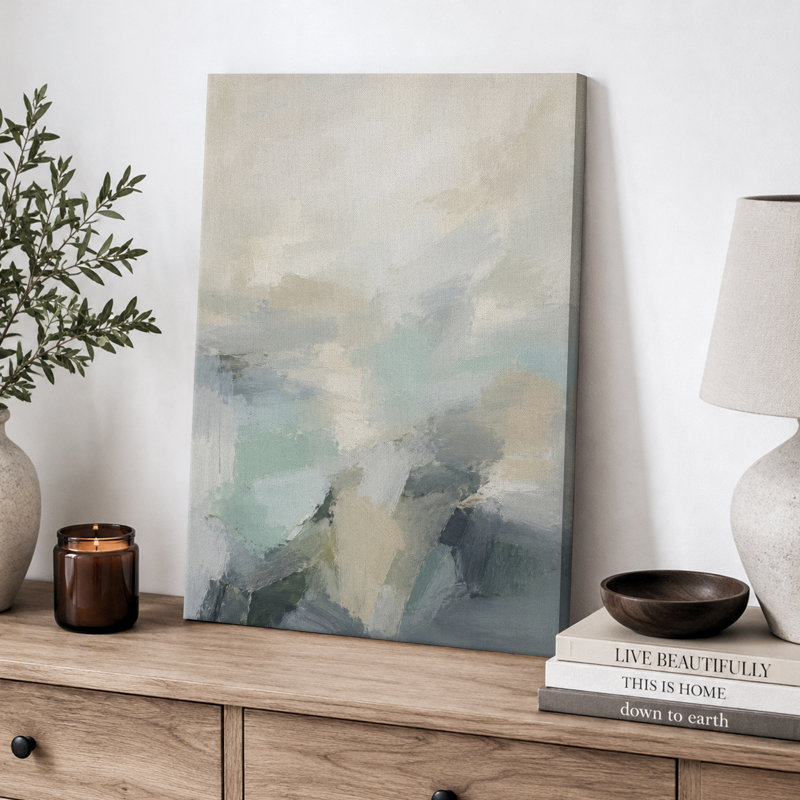 Œuvre d'art abstraite minimaliste aux tons crème, gris aqua doux, tableau pour chambre, impression giclée, Wrapped Canvas
