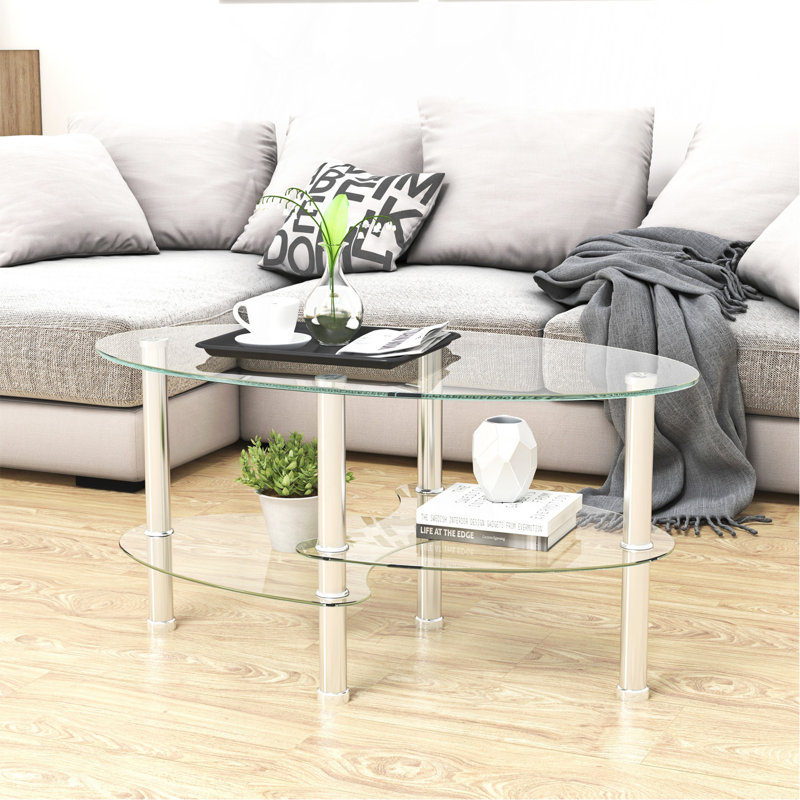 Table basse ovale en verre transparent, table moderne avec pieds en acier inoxydable, table basse en verre à 3 couches pour le salon