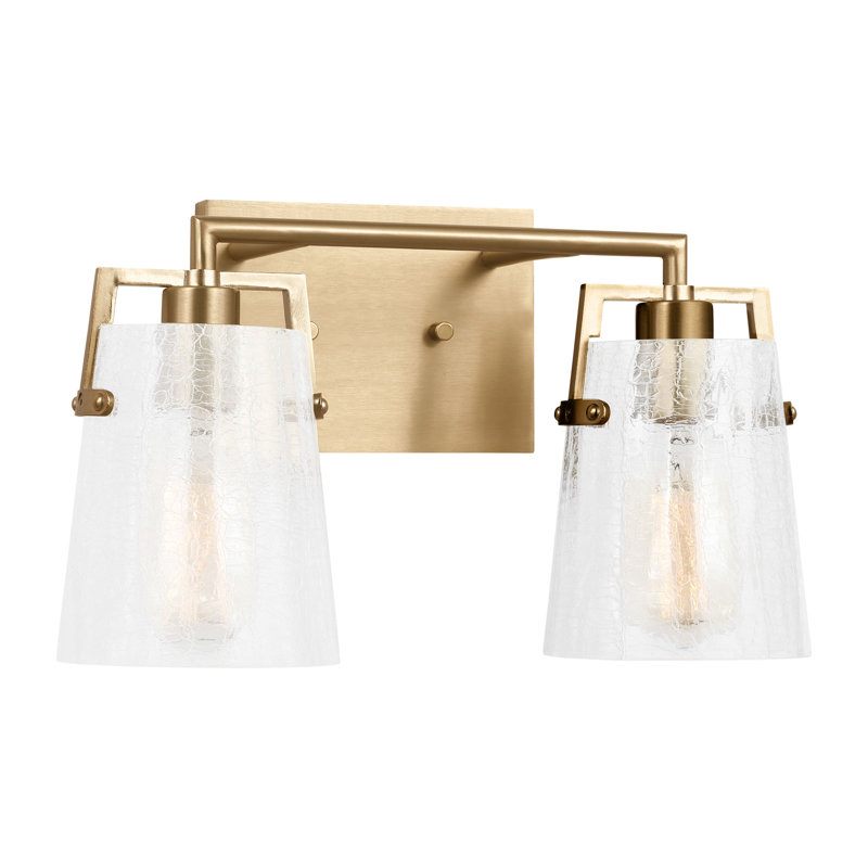 Crofton Bathroom Bedroom Wall Fixture With Clear Crackle Glass Shade, 2 Lights, Satin Brass, 9" H x 14.625" W x 7.5" D