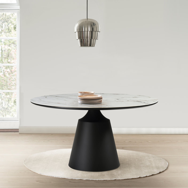 Crebessa 55" Round Modern Pedestal Dining Table with Stone Top and Black Metal Base