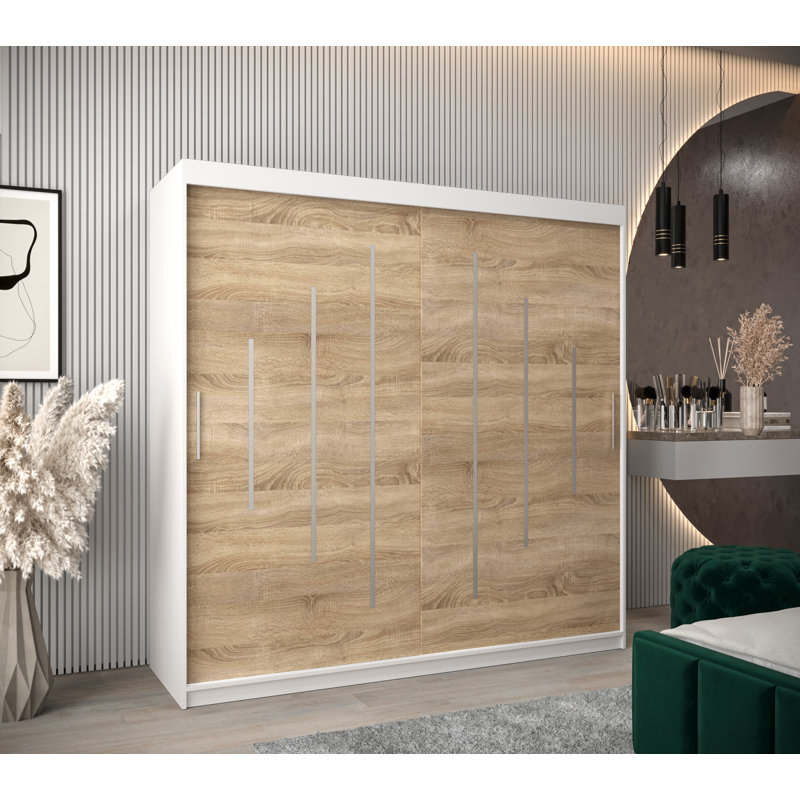 Natalie 2 Door Manufactured Wood Wardrobe, 200 cm H x 200 cm W x 62 cm D, Matt white/Sonoma oak